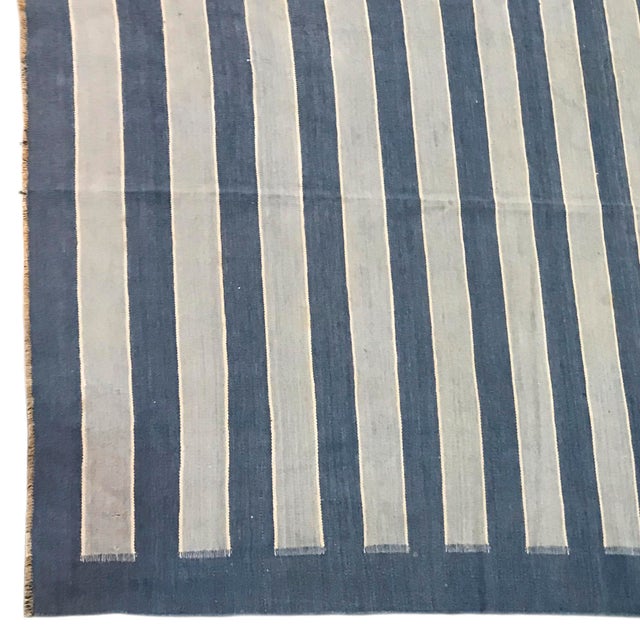 Rug & Kilim Vintage Dhurrie Rug With Blue Stripes and Cream Accents | Rug & Kilim For Sale - Image 4 of 5