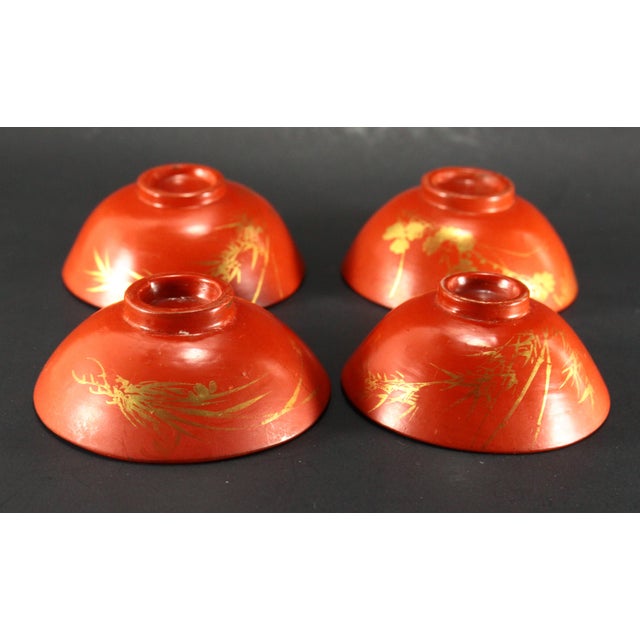Set of 4 Japanese Red Lacquer & Ceramic Sake Cups, Meiji/Taisho Ea. 1900's For Sale In Houston - Image 6 of 12