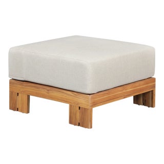 Crafters and Weavers Paradiso Outdoor Solid Teak Wood Ottoman in Gray Fabric For Sale