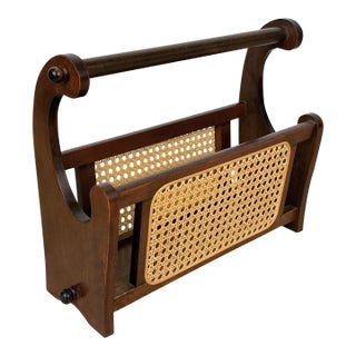 Vintage 1970s Coastal Wicker & Wood Vinyl Record Caddy Magazine Rack For Sale