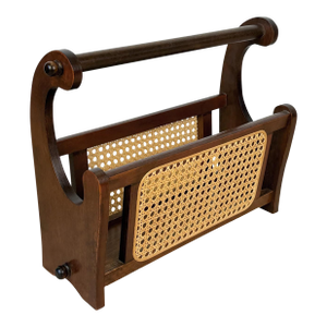 Vintage 1970s Coastal Wicker & Wood Vinyl Record Caddy Magazine Rack