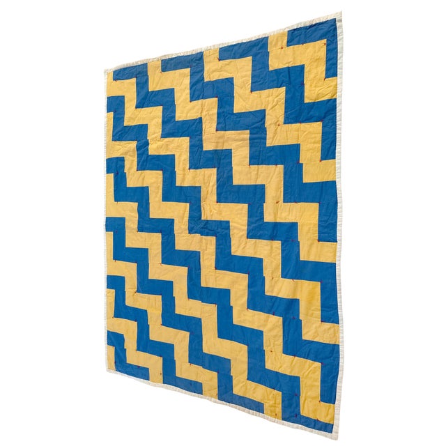 Cabin Vintage 1940s Streak of Lightning Cotton Quilt - Blue and Yellow Staircase Geometric Stepped Pattern - 77" X 57" For Sale - Image 3 of 18