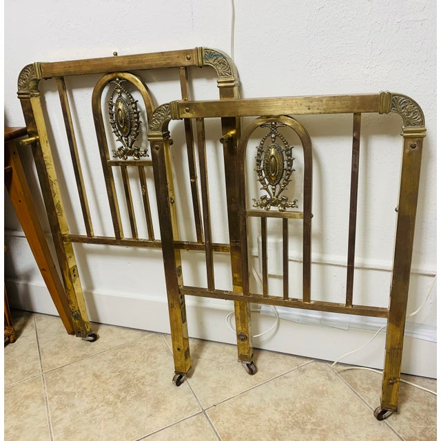 Victorian Antique Victorian Brass Children’s Twin Bed Headboards – Pair With Ornate Cast Medallions For Sale - Image 3 of 6