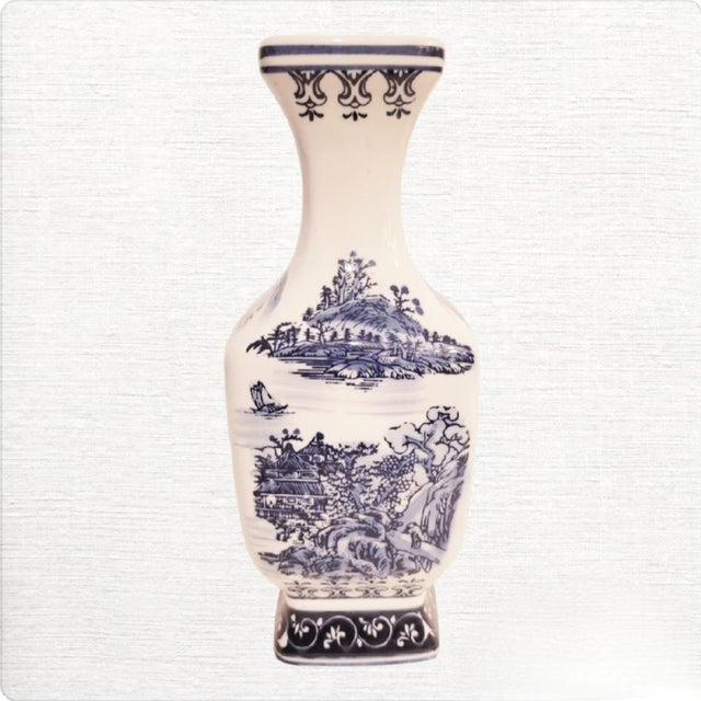 Dorothy Draper Chinoiserie Blue White Scenic Garden Ceramic Tall Vessel Vase For Sale - Image 4 of 8
