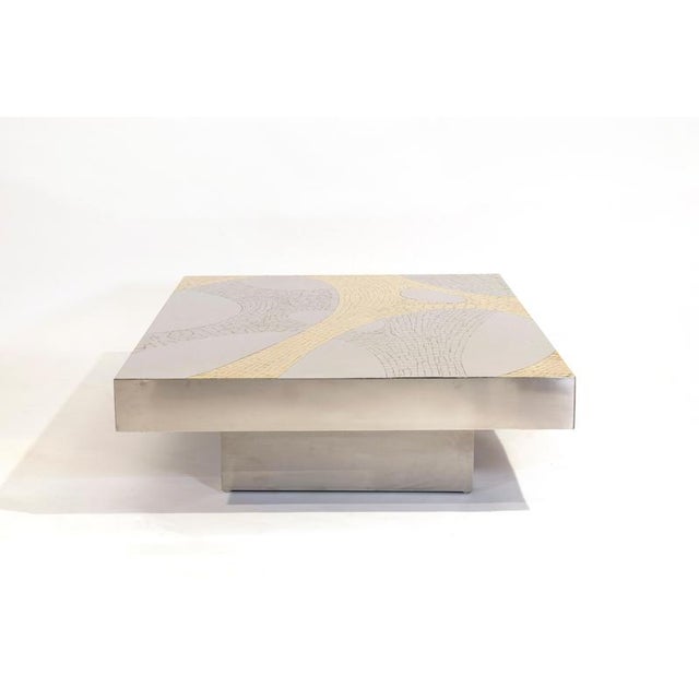 1980s Rectangular Coffee Table in Mosaic Brass & Stainless Steel attributed to Jean Claude Dresse, 1980 For Sale - Image 5 of 17