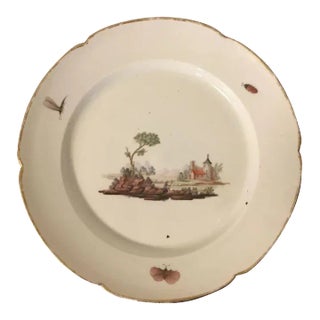 Antique 18th Century Niderviller Porcelain Dinner Plate in the Messein Style Decorated with Insects and Landscape Scene For Sale