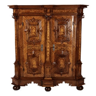 Antique Baroque Walnut Cabinet with Pilasters, Corinthian Capitals and Inlays, Vienna, Austria, 1750s For Sale