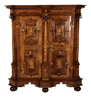 Antique Baroque Walnut Cabinet with Pilasters, Corinthian Capitals and Inlays, Vienna, Austria, 1750s