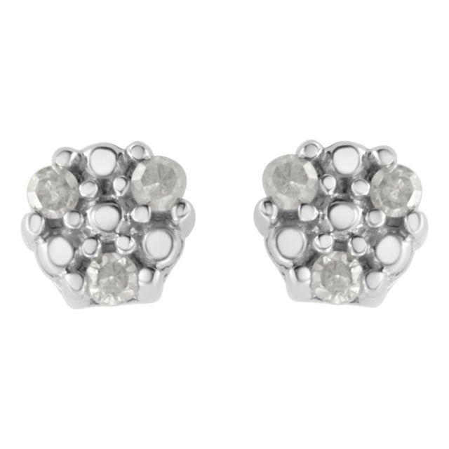 .925 Sterling Silver 1/10 cttw Prong Set Round-Cut Trio Diamond Stud Earrings, A Pair For Sale