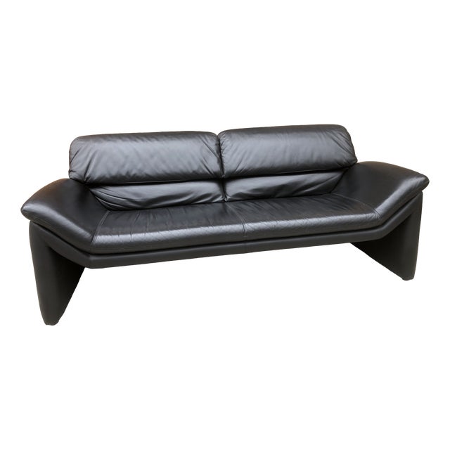 Three-Seater Sofa in Black Genuine Leather by Hans Kaufeld for de Sede, 1980s For Sale