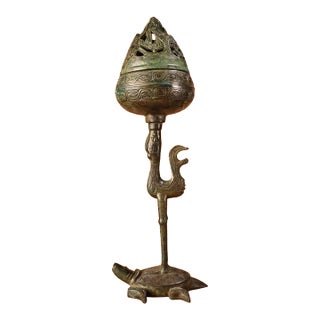Mid 20th Century Bronze Incense Burner (Boshanlu) With Turtle and Crane Motif For Sale
