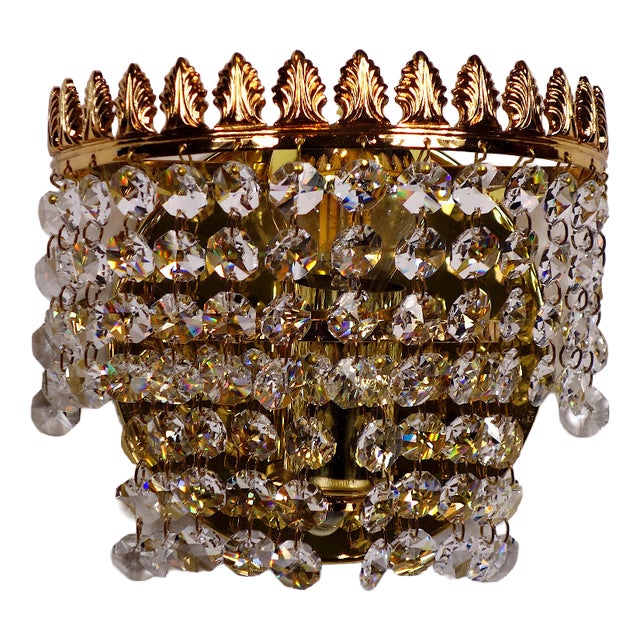 24K Brass Lead Crystal Wall Lamps from Palwa, 1960s, Set of 2 For Sale