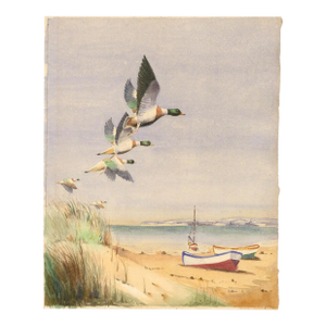 1970s Original Watercolor Painting of Flying Ducks