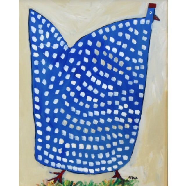 Abstract Original Blue Folk Art Chicken Hen Painting by Ruth Arenz Including the Antiqued Gold Wood Fame For Sale - Image 3 of 5