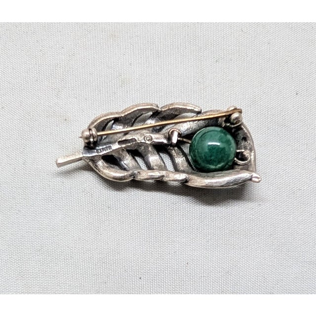 Metal Vintage 1960s Signed Napier Sterling Silver Faux-Jade Feather Brooch For Sale - Image 7 of 7