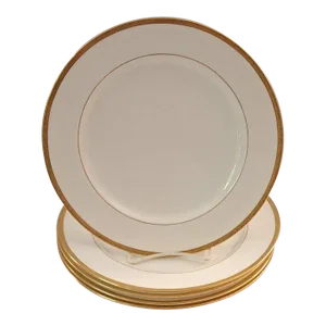 Circa 1910 Minton h969 for Burley & Co. Gold Encrusted Sunburst Scroll Luncheon Plates- Set of 5