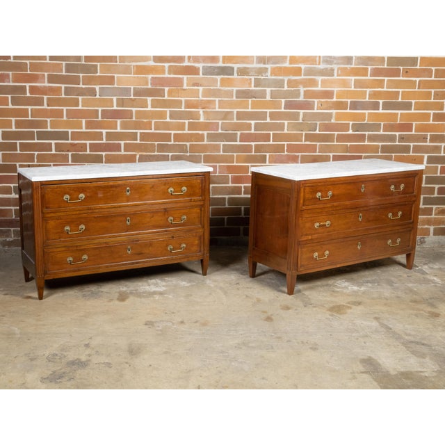 Pair of French 19th Century Three-Drawer Walnut Commodes with White Marble Tops For Sale - Image 10 of 12
