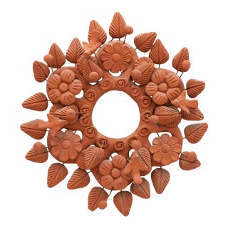 Vintage Mid 20th Century Folk Art Mexican Tree of Life Terra Cotta Wreath With Birds & Flowers For Sale