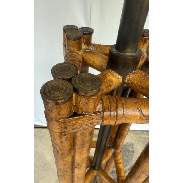 Wood Vintage Maitland-Smith Faux Bamboo and Brass Floor Lamp With Faux Tortoiseshell Lined Leather Shade For Sale - Image 7 of 12