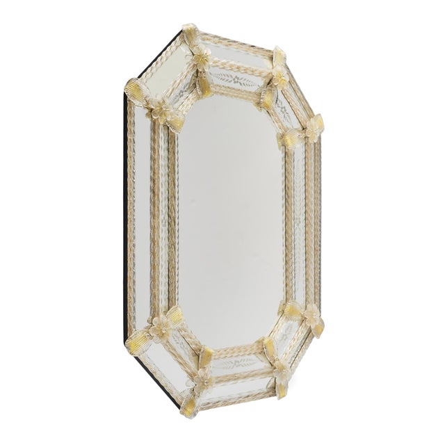 Traditional Venetian Etched Glass Octagonal Mirror With Floral and Ribbon Details, Circa 1940 For Sale - Image 3 of 9