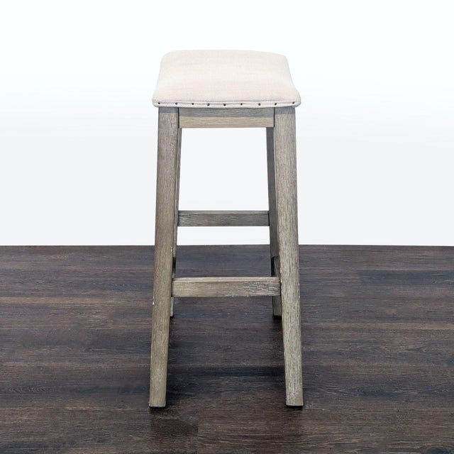 Transitional Pottery Barn Upholstered Wood Counter Stool With Nailhead Trim For Sale - Image 3 of 6
