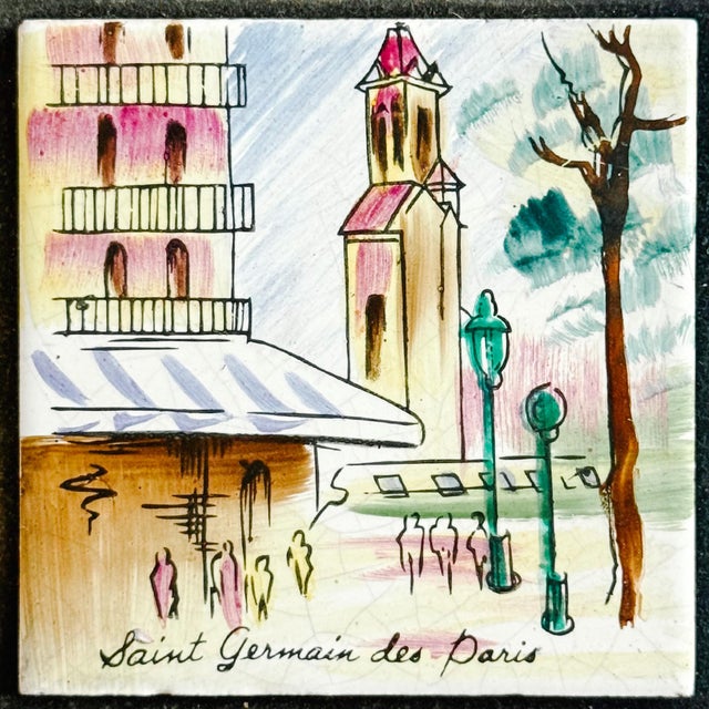 Late 20th Century Hand-Painted Framed Ceramic Tiles - Paris River Seine & Saint Germain Des Prés Street Scenes For Sale - Image 4 of 6