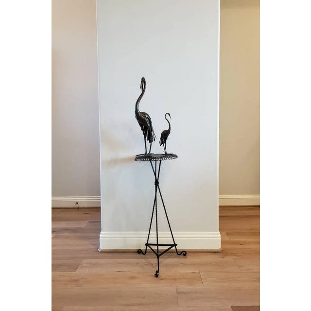 Japanese 1940s French Mid-Century Japanesque Bronze Crane Bird Sculptures on Wrought Iron Pedestal - Zen Garden Statue For Sale - Image 3 of 11