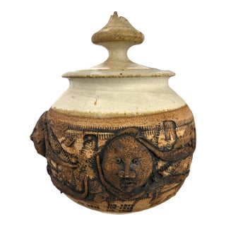 Vintage 60s Rustic Ceramic Vessel Engraved With Faces by Don John For Sale