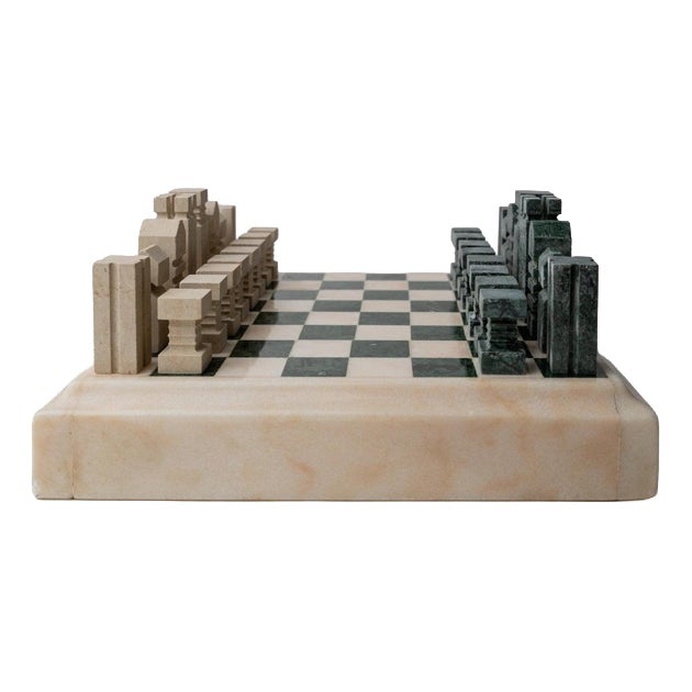 Vintage Marble Chess Set in Green and Beige Stone Chess, 1970s, Set of 33 For Sale