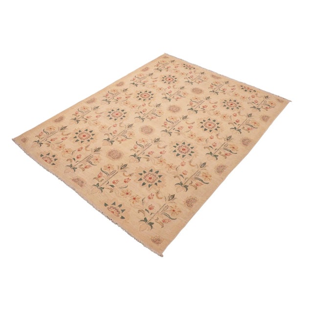Shabby Chic Shabby Chic Ziegler Tan Green Hand-Knotted Wool Rug - 5'10'' X 8'8'' For Sale - Image 3 of 8