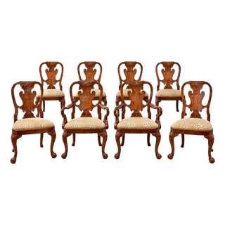 Vintage Queen Anne Burl Walnut Dining Chairs With Leopard Velvet Seats — Set of 8 For Sale