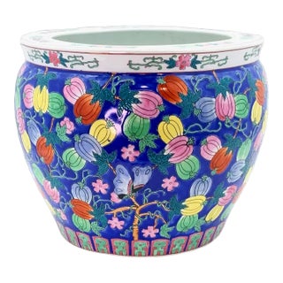 Chinese Hand Painted Fishbowl Planter Vintage Multi Colored Chinese Porcelain 'Pomegranate' Planter For Sale