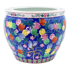 Chinese Hand Painted Fishbowl Planter Vintage Multi Colored Chinese Porcelain 'Pomegranate' Planter