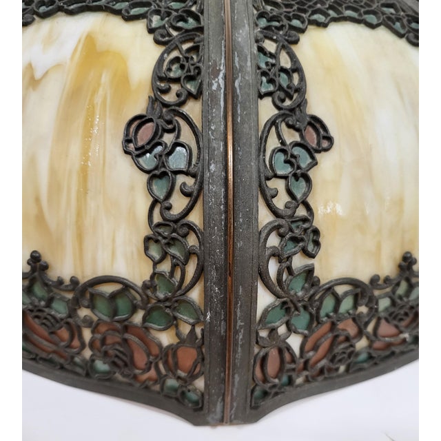 Antique Bronze Rose Overlay & Stained Slag Glass Table Lamp #559 by Handel For Sale - Image 15 of 18
