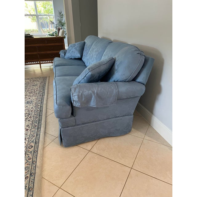 1990s Damask Blue Fabric Sofa With 2 Pilows For Sale - Image 5 of 5