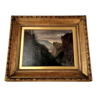 European Continental School Artist, Mountain Landscape with Castle Ruins, 19th Century, Oil Painting on Canvas, Framed For Sale