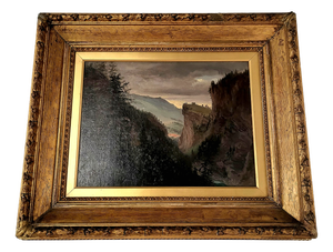 European Continental School Artist, Mountain Landscape with Castle Ruins, 19th Century, Oil Painting on Canvas, Framed