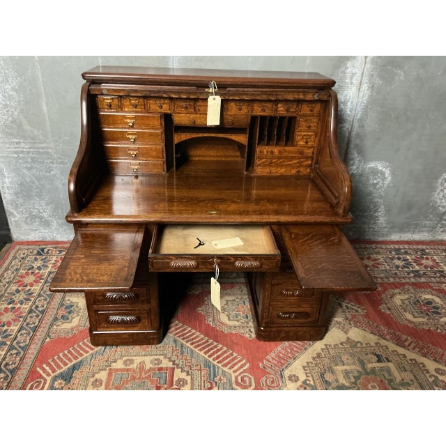 Antique Oak Roll Top Desk, 1905 For Sale - Image 6 of 10