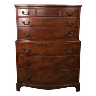 Mid Century Georgian Style Bowfront Highboy Dresser With Mahogany Finish For Sale