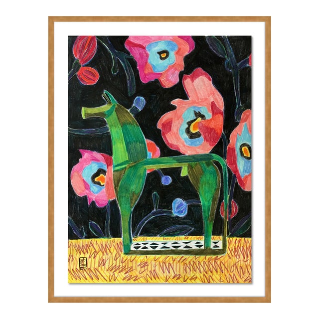 Bronze Horsey by Jelly Chen in Gold Framed Paper, Small Art Print For Sale