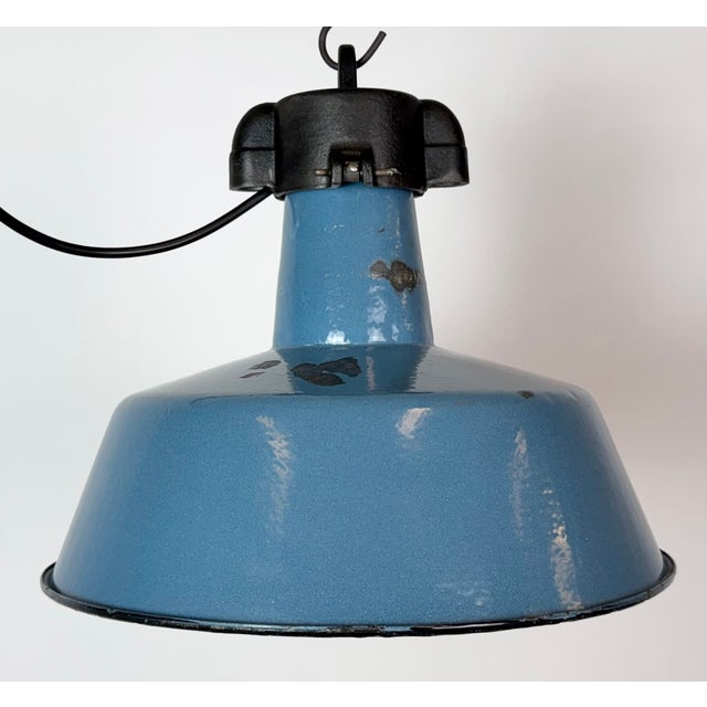 1960s Industrial Blue Enamel Factory Lamp with Cast Iron Top, 1960s For Sale - Image 5 of 18