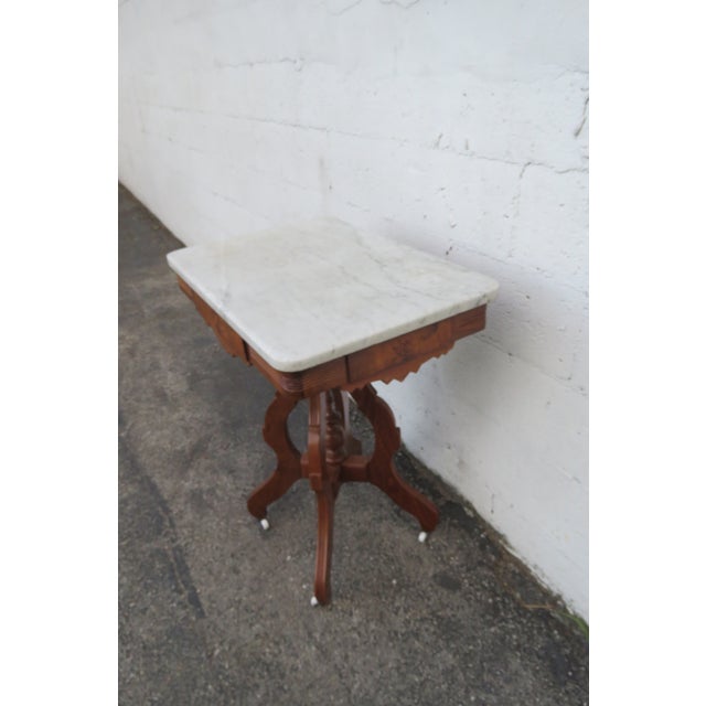 Late 1800s Victorian Eastlake Marble Top Carved Side Table 6296 For Sale - Image 12 of 16
