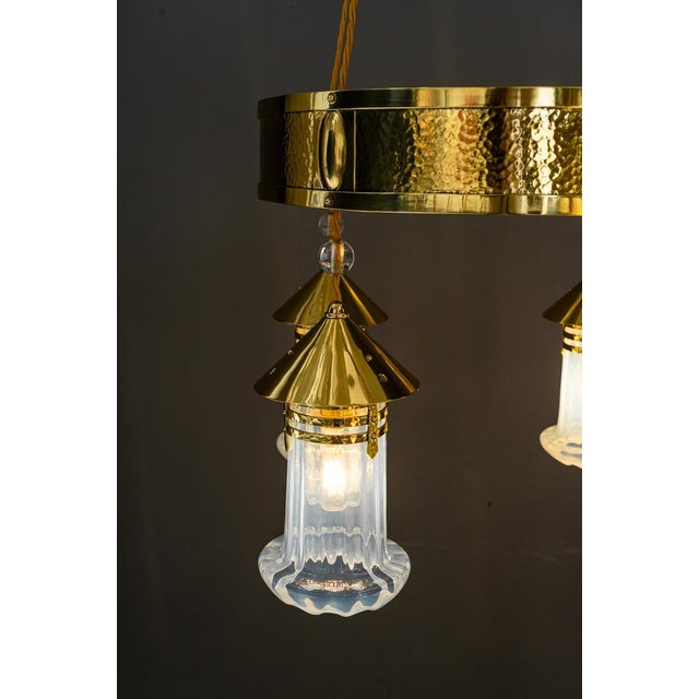 Art Deco Hammered Chandelier with Opaline Glass Shades, Vienna, 1920 For Sale - Image 11 of 18