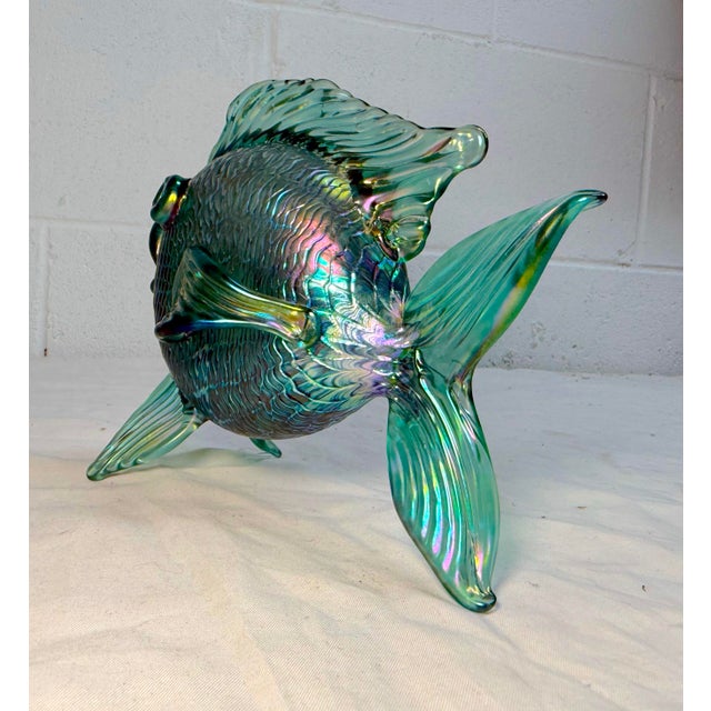 Vintage Hand Blown David Tate Studio Glass Iridescent Green Gold Fish Sculpture For Sale - Image 12 of 15