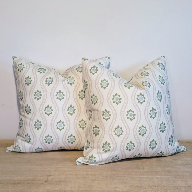 Charlotte Gaisford Phoebe Green floral print pillows with coordinating Schumacher glazed cream linen backs. Delicate,...