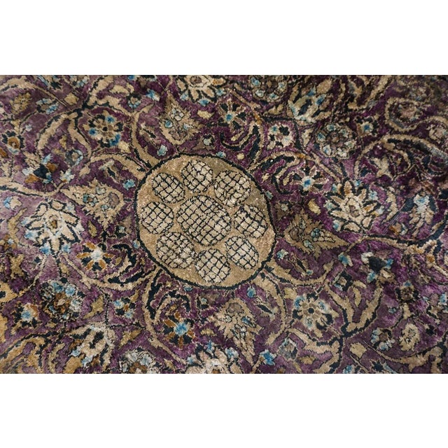 Great Eggplant Purple Background and Detail of Rossette Floral Border Geometric Design Antique Persian Silk Kashan by Kazan For Sale - Image 15 of 15