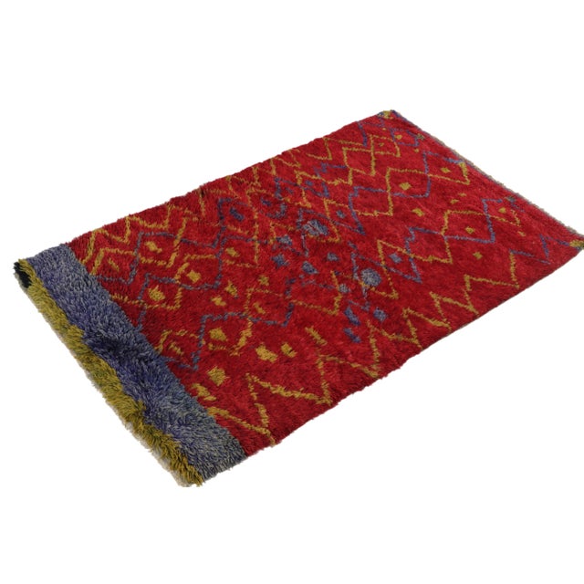 Tribal Vintage Tulu Rug in Red, Blue, Mustard Zig Zag Pattern, Shag Pile For Sale - Image 3 of 7