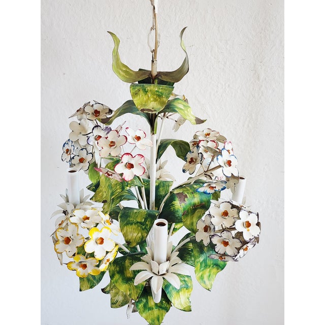 Vintage Italian Handpainted Foral Motif Tole Chandelier For Sale - Image 4 of 18