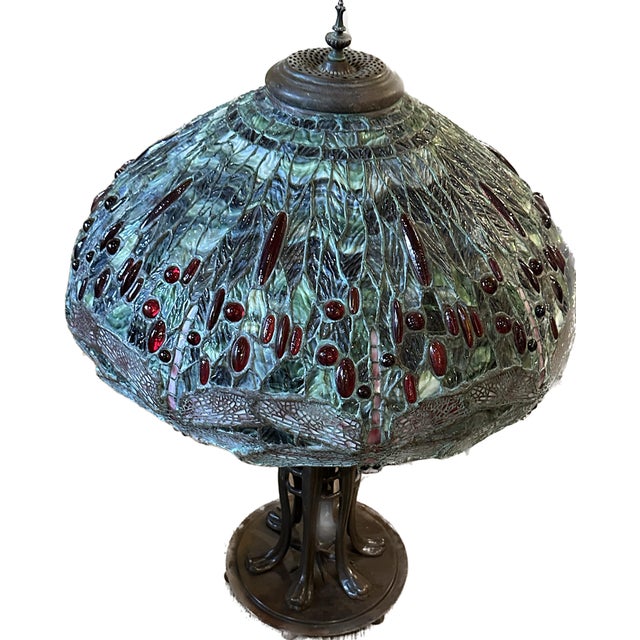 Pair of Vintage Art Nouveau Tiffany Style Lamps With Hand Leaded Glass Shades For Sale - Image 4 of 12