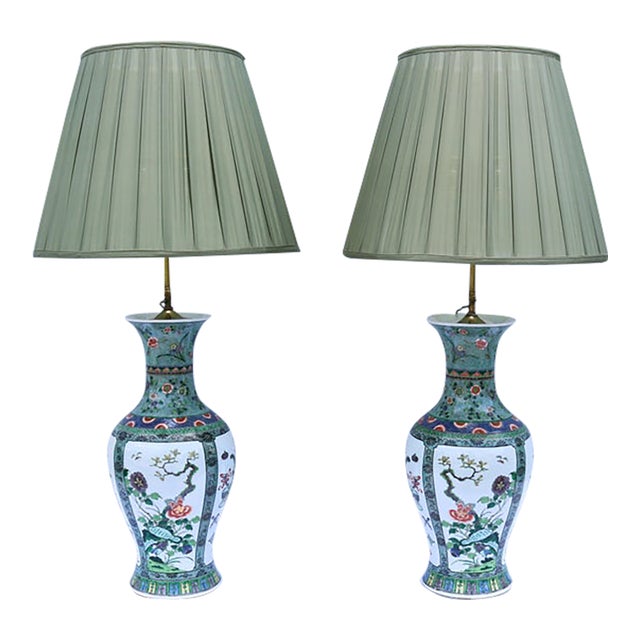 Chinese Porcelain Baluster Vase Table Lamps 19th-Century Famille Verte, a Pair For Sale